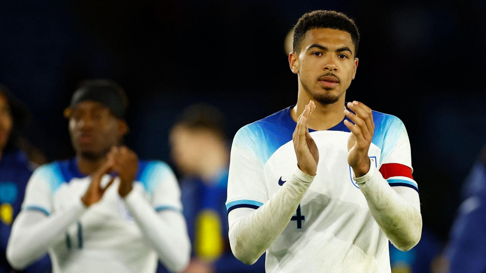 Levi Colwill celebrates after the under-21 international between England and France at King Power Stadium, Leicester, March 2023.