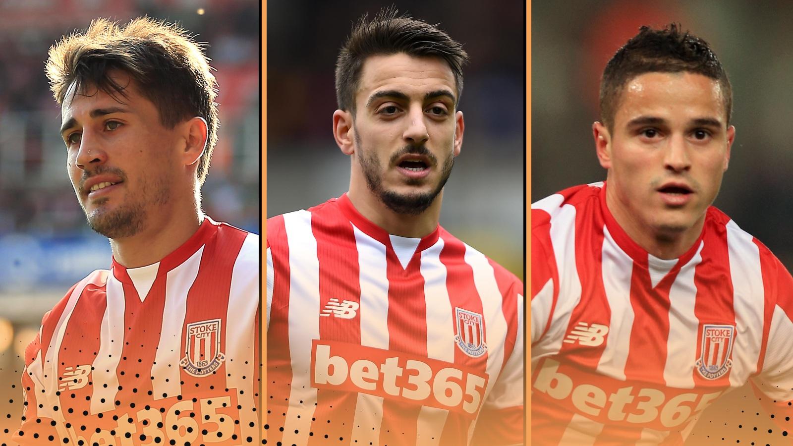 Stoke Champions League semi-finalists 2015-16 squad featuring (L-R) Bojan Krkic, Joselu, Ibrahim Afellay