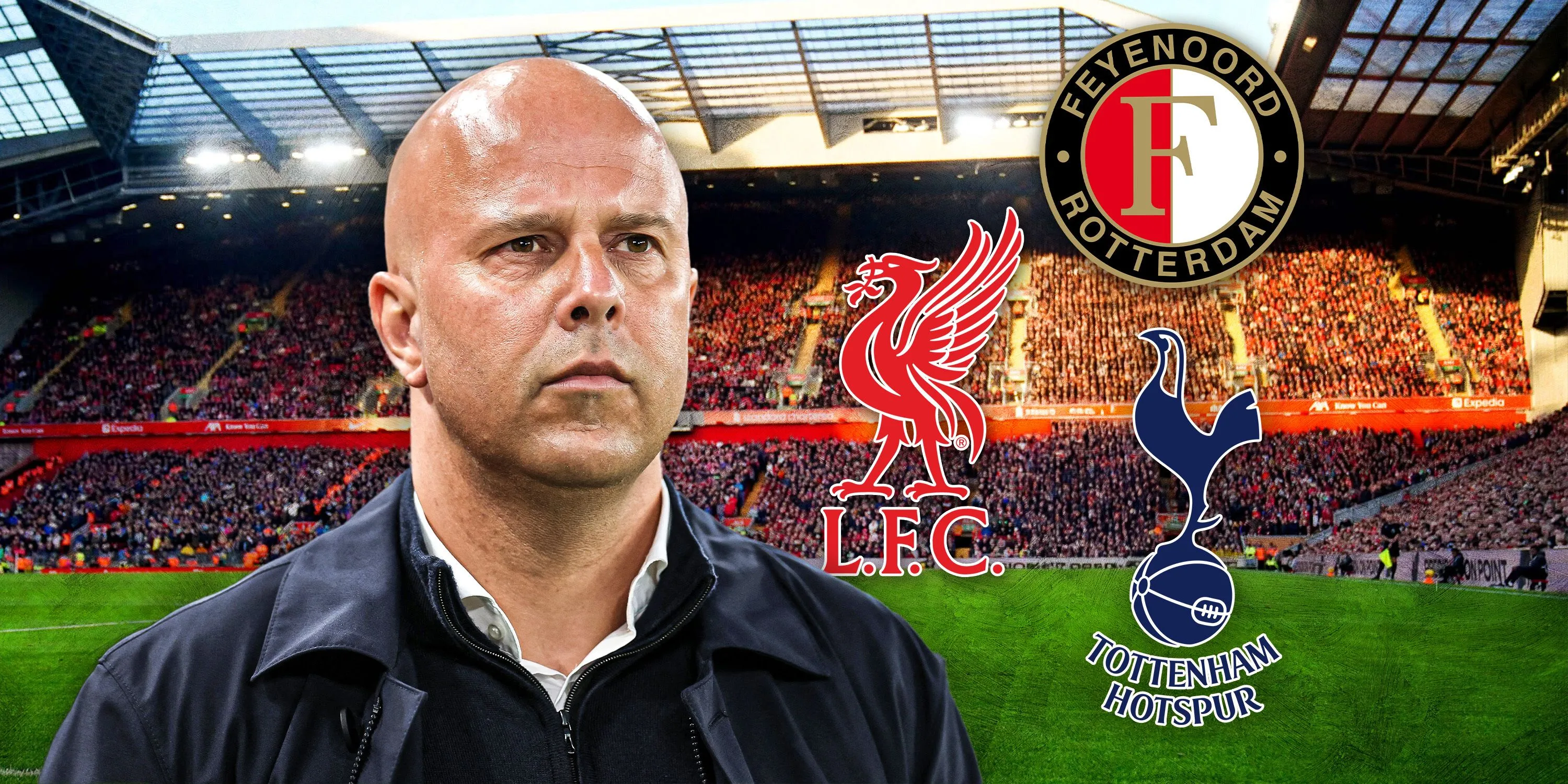 HLV Arne Slot tại Anfield với logo Tottenham, Feyenoord và Liverpool