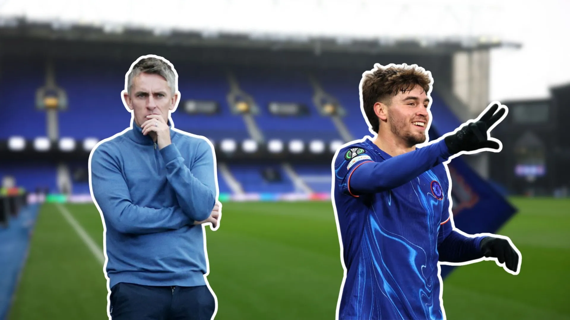 Kieran McKenna và Marc Guiu, với sân vận động Portman Road của Ipswich Town ở phía sau.