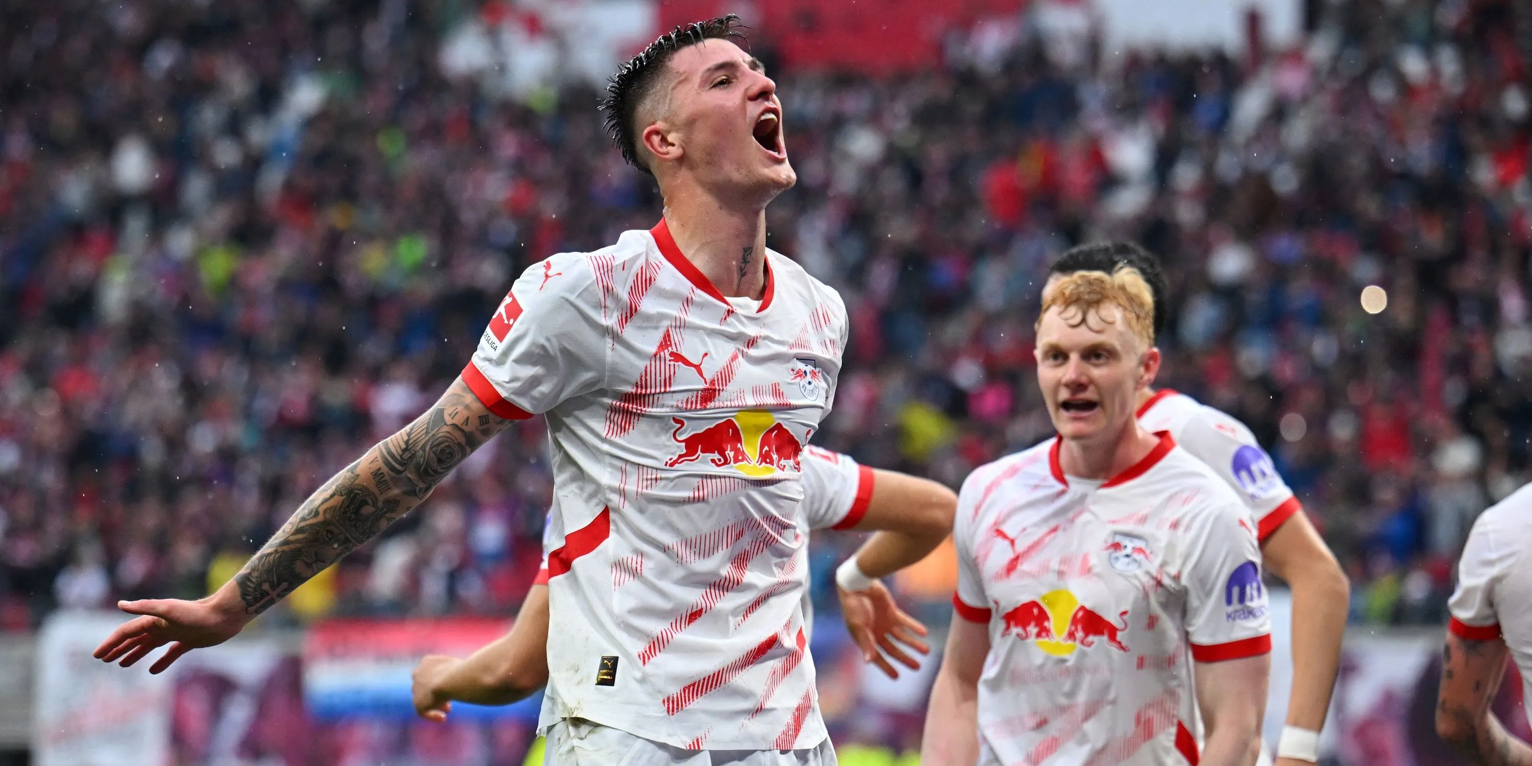 Benjamin Sesko của RB Leipzig ăn mừng bàn thắng, cho thấy tiềm năng phát triển của anh