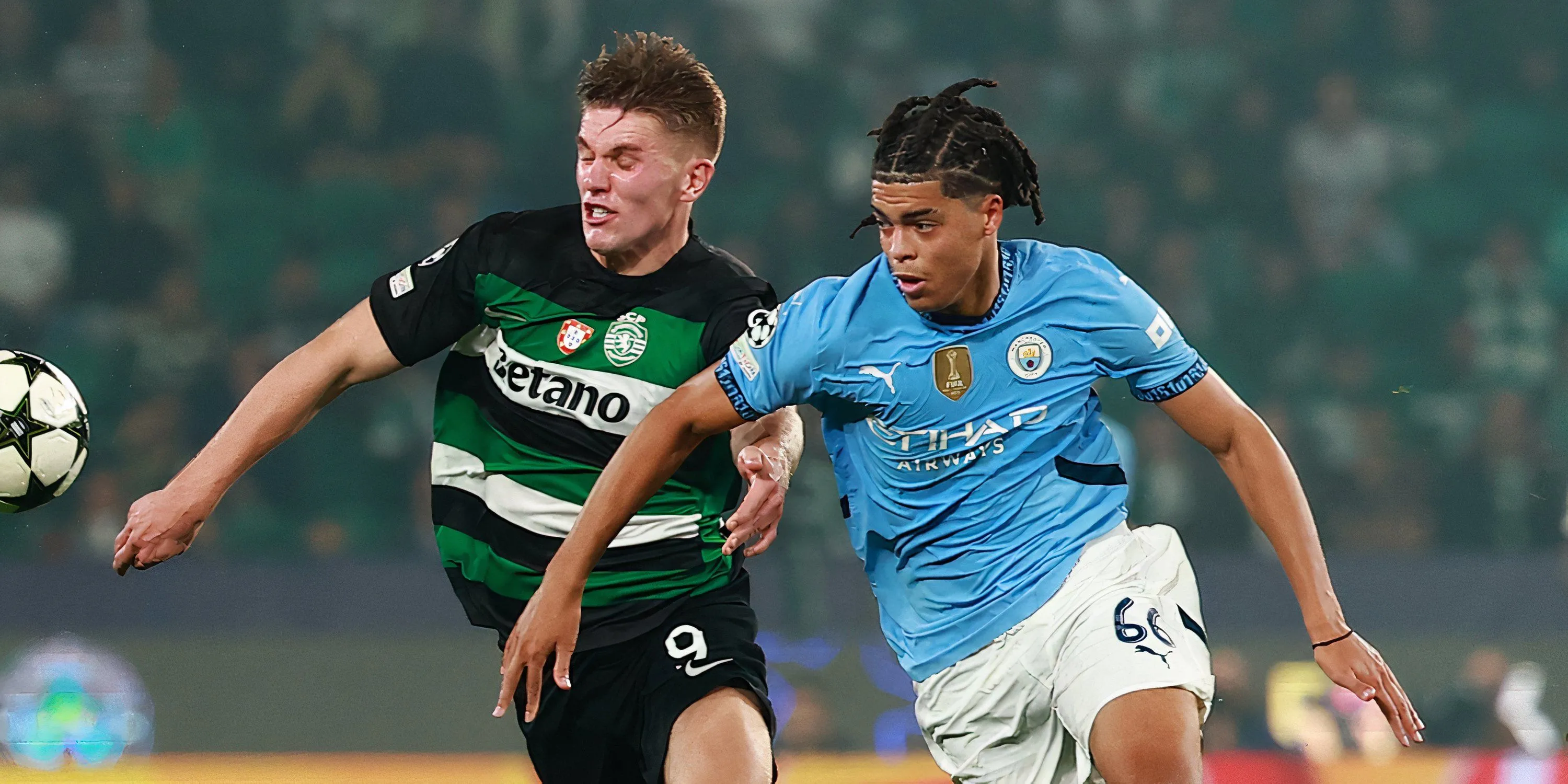 Jahmai Simpson-Pusey đối đầu với Viktor Gyokeres trong trận đấu Champions League, thể hiện khả năng đương đầu với các tiền đạo đẳng cấp và tiềm năng của trung vệ trẻ Man City.
