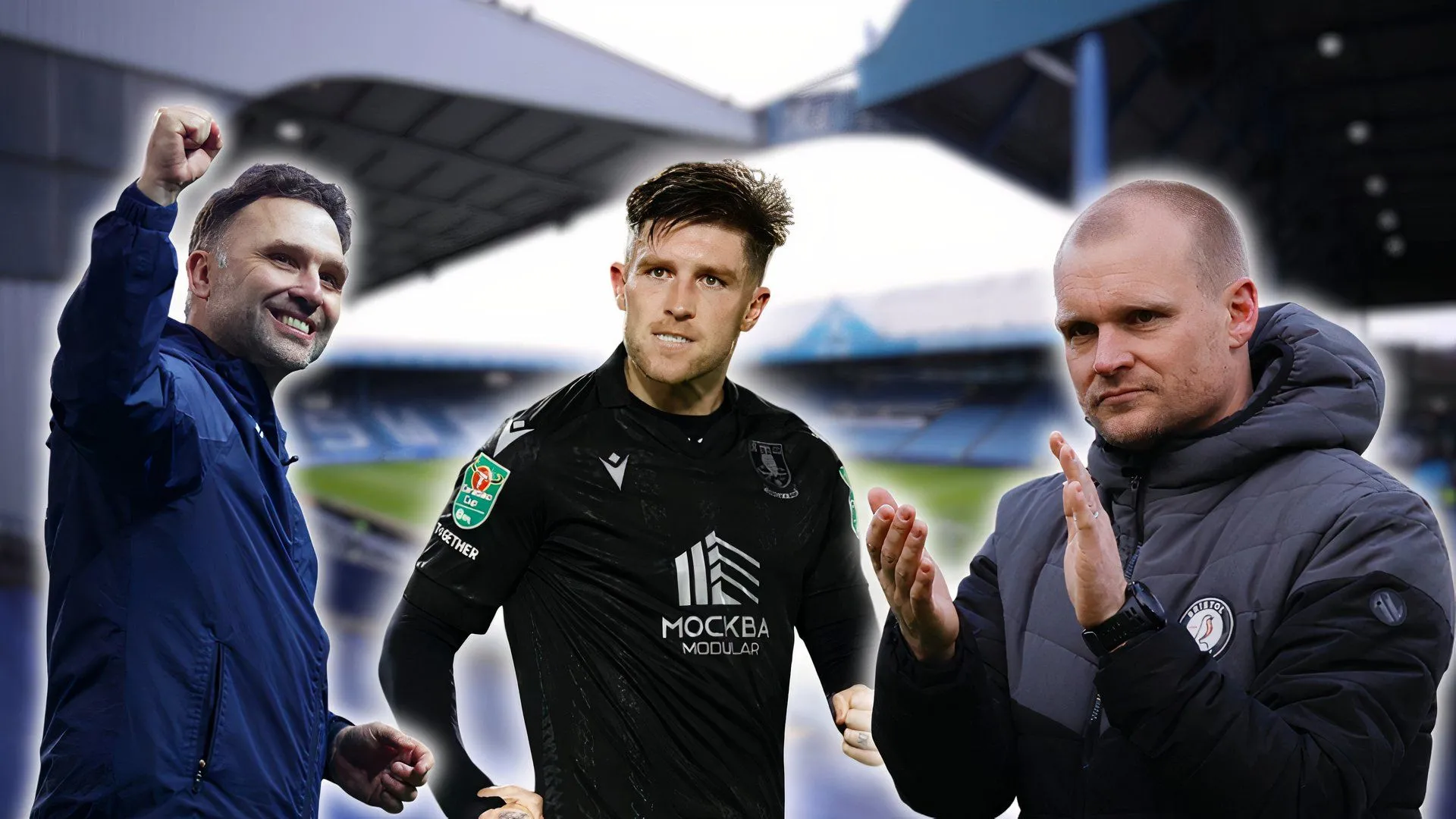 Tổ hợp hình ảnh Josh Windass, HLV John Eustace của Derby County và HLV Liam Manning của Norwich City, minh họa cuộc đua giành chữ ký tiền đạo